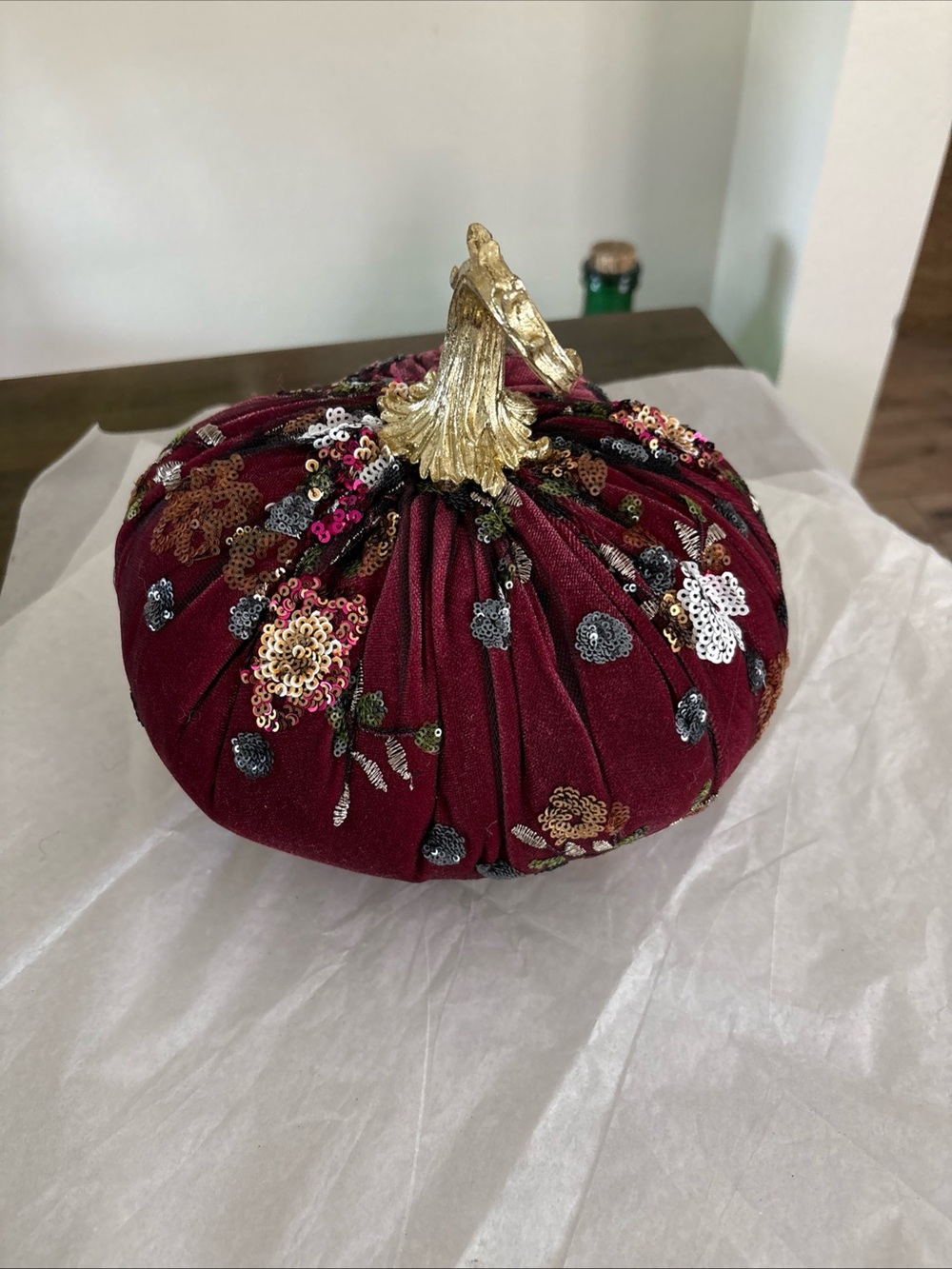 Colorful Beaded Embellished  Purple Fabric Pumpkin ,  Gold Stem